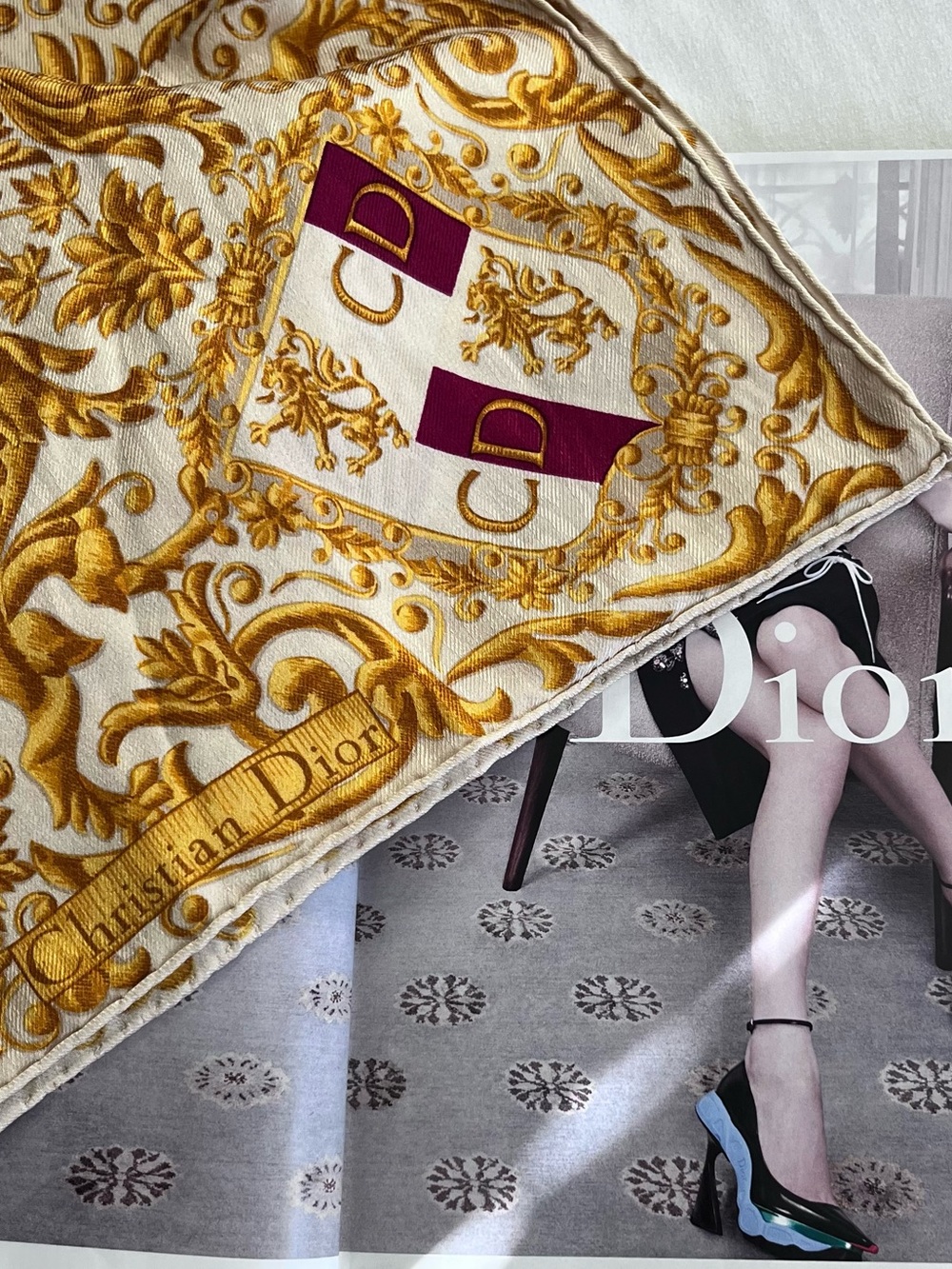 Dior Gold and Burgundy Medallion Silk Scarf